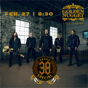38 Special promotional poster for live Southern rock concert at Golden Nugget Casino Lake Charles on February 27, 2025 at 8:30 PM featuring the powerhouse band performing classic hits as part of Gulf Coast casino entertainment.