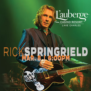 Rick Springfield promotional poster for live concert at L’Auberge Casino Lake Charles on March 8, 2026 at 8:00 PM featuring the pop rock star performing his well known hits as part of Gulf Coast casino entertainment.