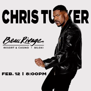 Chris Tucker promotional poster for live stand up comedy show at Beau Rivage Casino Biloxi on February 21, 2025 at 8:00 PM featuring the acclaimed comedian bringing laughter to Gulf Coast casino entertainment fans.
