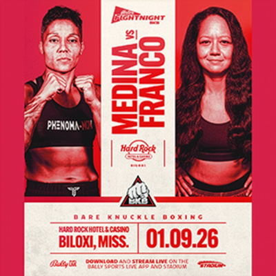 Medina vs Franco bare knuckle boxing promotional poster for Fight Night at Hard Rock Hotel and Casino Biloxi on January 9, 2026 featuring two female fighters in a high energy matchup promoted by BKFC and broadcast on the Bally Sports Live app and Stadium.