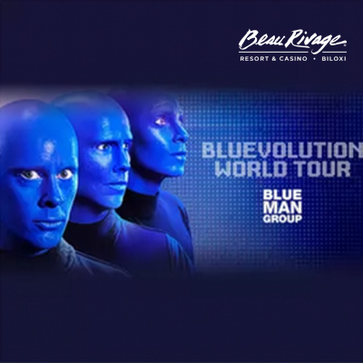 Blue Man Group Bluevolution World Tour promotional poster for spectacular live performances at Beau Rivage Casino Biloxi on January 9 and 10, 2026 — a multisensory theatrical experience bringing music, comedy, and creativity to Gulf Coast casino entertainment.