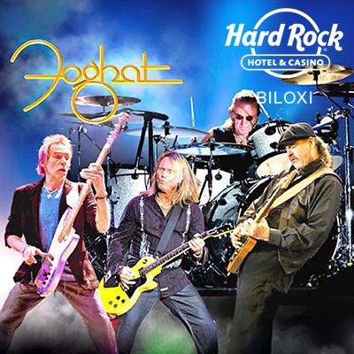Foghat promotional poster for live rock concert at Hard Rock Casino Biloxi on April 10, 2026 — featuring the legendary classic rock band performing timeless hits as part of premier Gulf Coast casino entertainment.