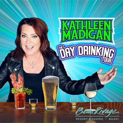 Kathleen Madigan Day Drinking Tour promotional image advertising the May 2 2026 comedy show at Beau Rivage Theatre Biloxi Mississippi