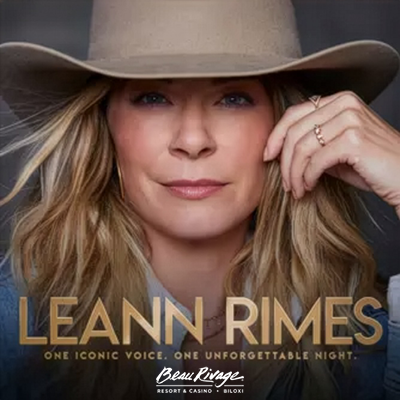 LeAnn Rimes promotional poster for live concert at Beau Rivage Casino Biloxi on April 17, 2026 — featuring the Grammy-winning country and pop singer performing her biggest hits as part of premier Gulf Coast casino entertainment.