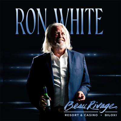 Ron White promotional poster for two stand up comedy shows at Beau Rivage Casino Biloxi on March 28, 2026 at 8:00 PM and 10:00 PM featuring the legendary comedian delivering his signature storytelling humor as part of Gulf Coast casino entertainment.