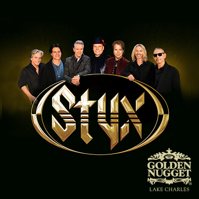 Styx promotional poster for live rock concert at Golden Nugget Casino Lake Charles on March 28, 2026 at 8:00 PM featuring the legendary band performing classic hits as part of Gulf Coast casino entertainment.