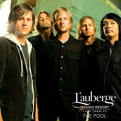 Switchfoot promotional image for live poolside concert at L’Auberge Casino Lake Charles on September 6, 2026 at noon featuring Switchfoot along with Lit and Fuel performing rock favorites at the casino pool for an all ages Gulf Coast entertainment event.