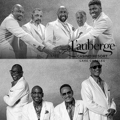 The Temptations and The Four Tops promotional poster for live concert at L’Auberge Casino Lake Charles on February 21, 2026 — featuring two legendary Motown groups performing timeless soul and R&B hits as part of premier Gulf Coast casino entertainment.