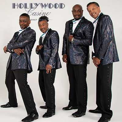 The Spinners promotional image for live rhythm and blues concert at Hollywood Casino Gulf Coast on Saturday August 15 with doors opening at 7:00 PM and show starting at 8:00 PM featuring the Rock and Roll Hall of Fame group performing timeless hits including Ill Be Around and Then Came You as part of Gulf Coast casino entertainment.