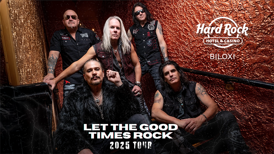 Warrant Let The Good Times Rock Tour promotional poster for live rock concert at Hard Rock Casino Biloxi on December 27 at 8:00 PM featuring the legendary band performing their classic hits as part of Gulf Coast casino entertainment.