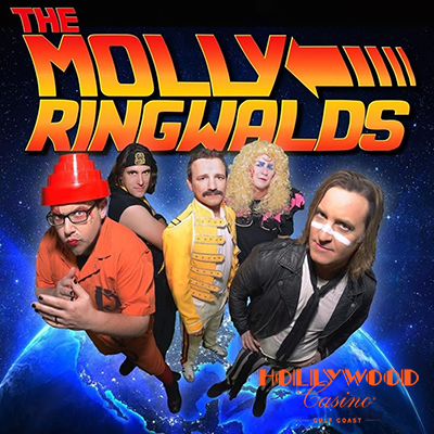 The Molly Ringwalds promotional image for live Eighties rock and pop concert at Club Hollywood inside Hollywood Casino Gulf Coast on Saturday May 23 with doors opening at 7:00 PM and show starting at 8:00 PM featuring a high energy night of classic Eighties hits costumes and dance floor favorites as part of Gulf Coast casino entertainment.