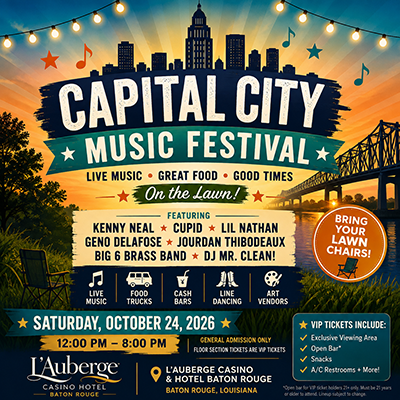 Capital City Music Festival at L'Auberge Casino Hotel Baton Rouge Louisiana October 24, 2026, featuring Kenny Neal, Cupid, Lil Nathan, Geno Delafose, Jourdan Thibodeaux, Big 6 Brass Band, DJ Mr. Clean, live music festival
